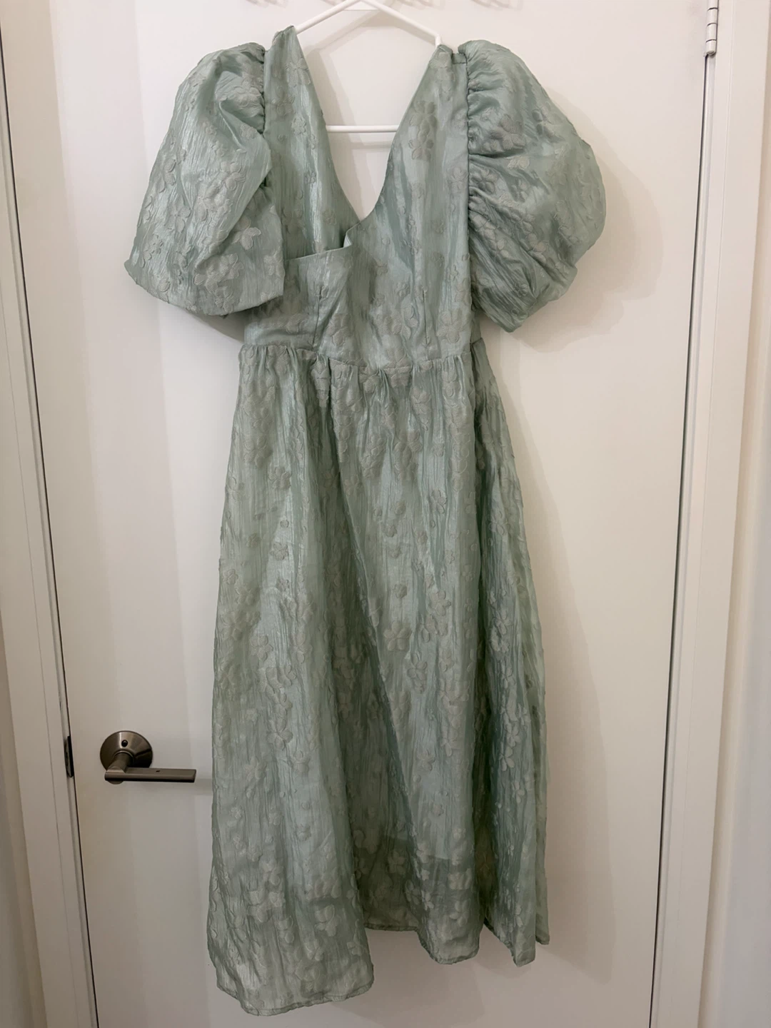 Green Floral Jacquard Puff Sleeve Dress Size M