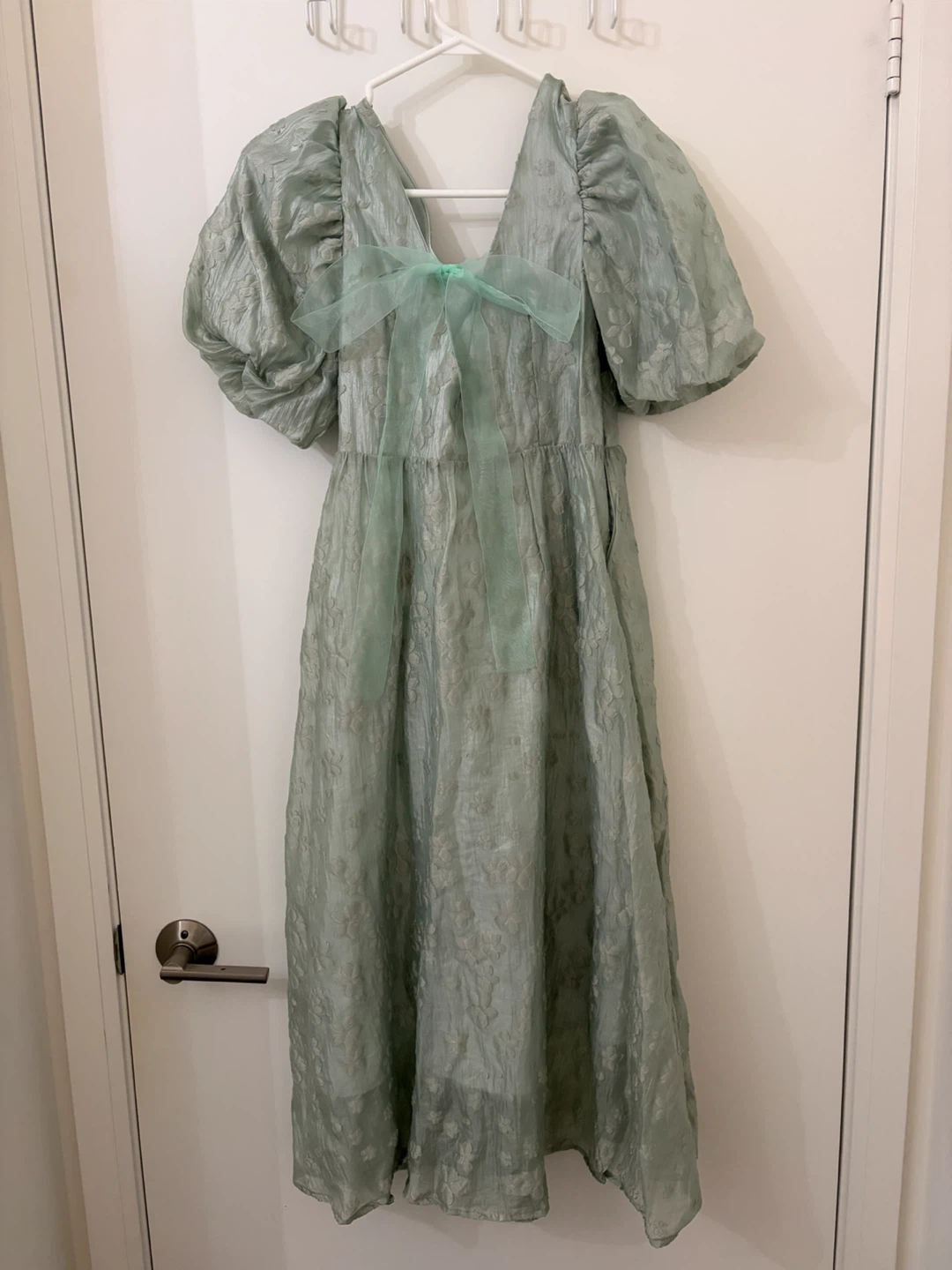 Green Floral Jacquard Puff Sleeve Dress Size M - photo 2