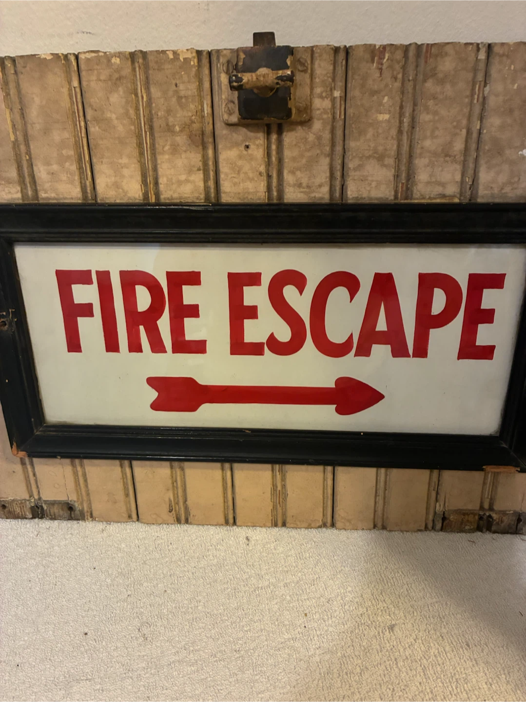Vintage Fire Escape Sign on Wood Shutter - photo 2