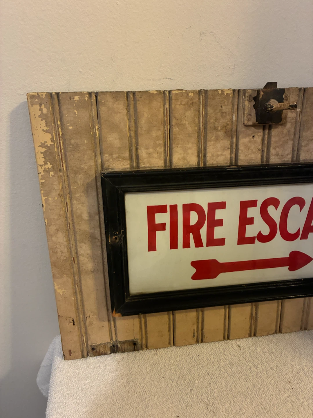 Vintage Fire Escape Sign on Wood Shutter - photo 4