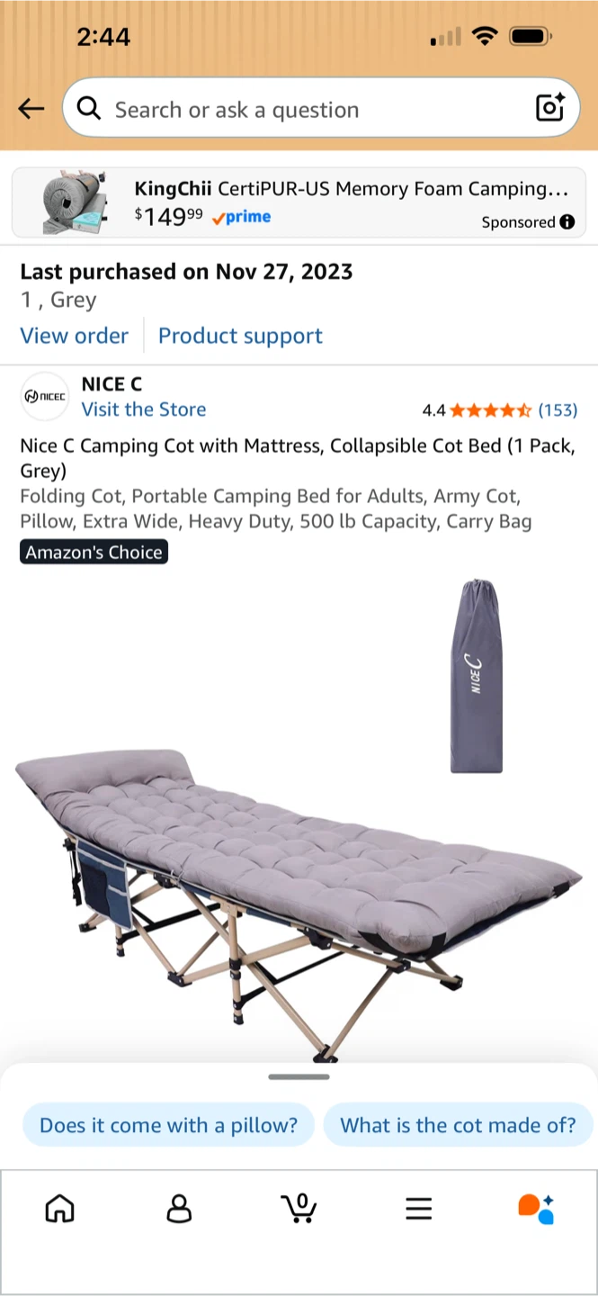 Nice C Collapsible Camping Cot with Mattress