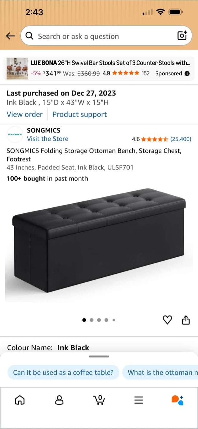 SONGMICS Folding Storage Ottoman Bench Ink Black