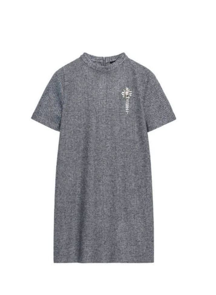 Zara Grey Crystal Brooch Dress