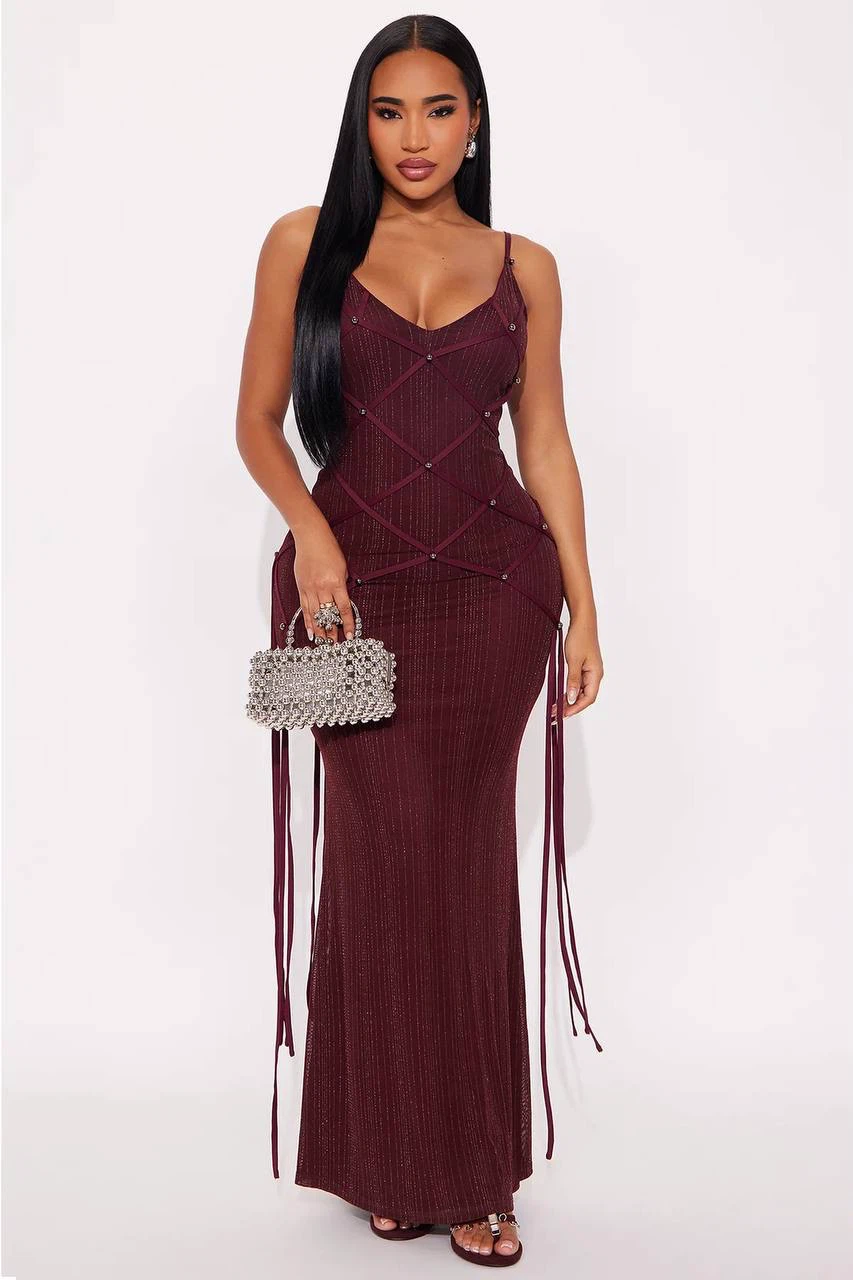 Burgundy Glitter Mesh Maxi Dress – Size 2XL