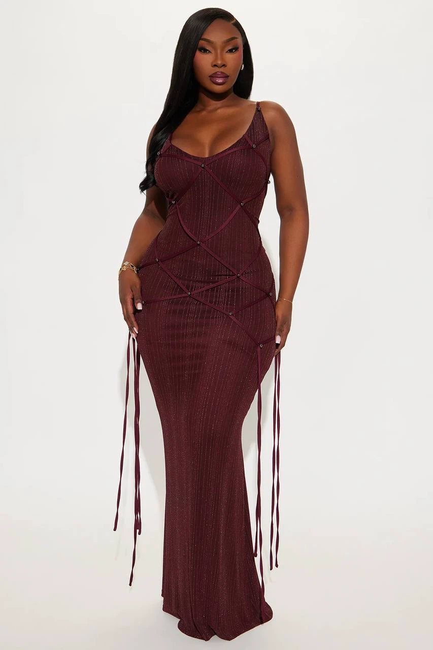 Burgundy Glitter Mesh Maxi Dress – Size 2XL - photo 3
