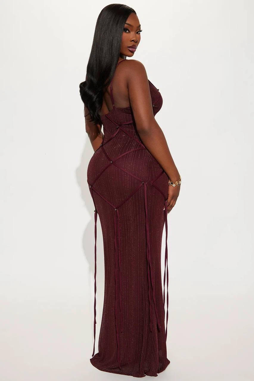 Burgundy Glitter Mesh Maxi Dress – Size 2XL - photo 4