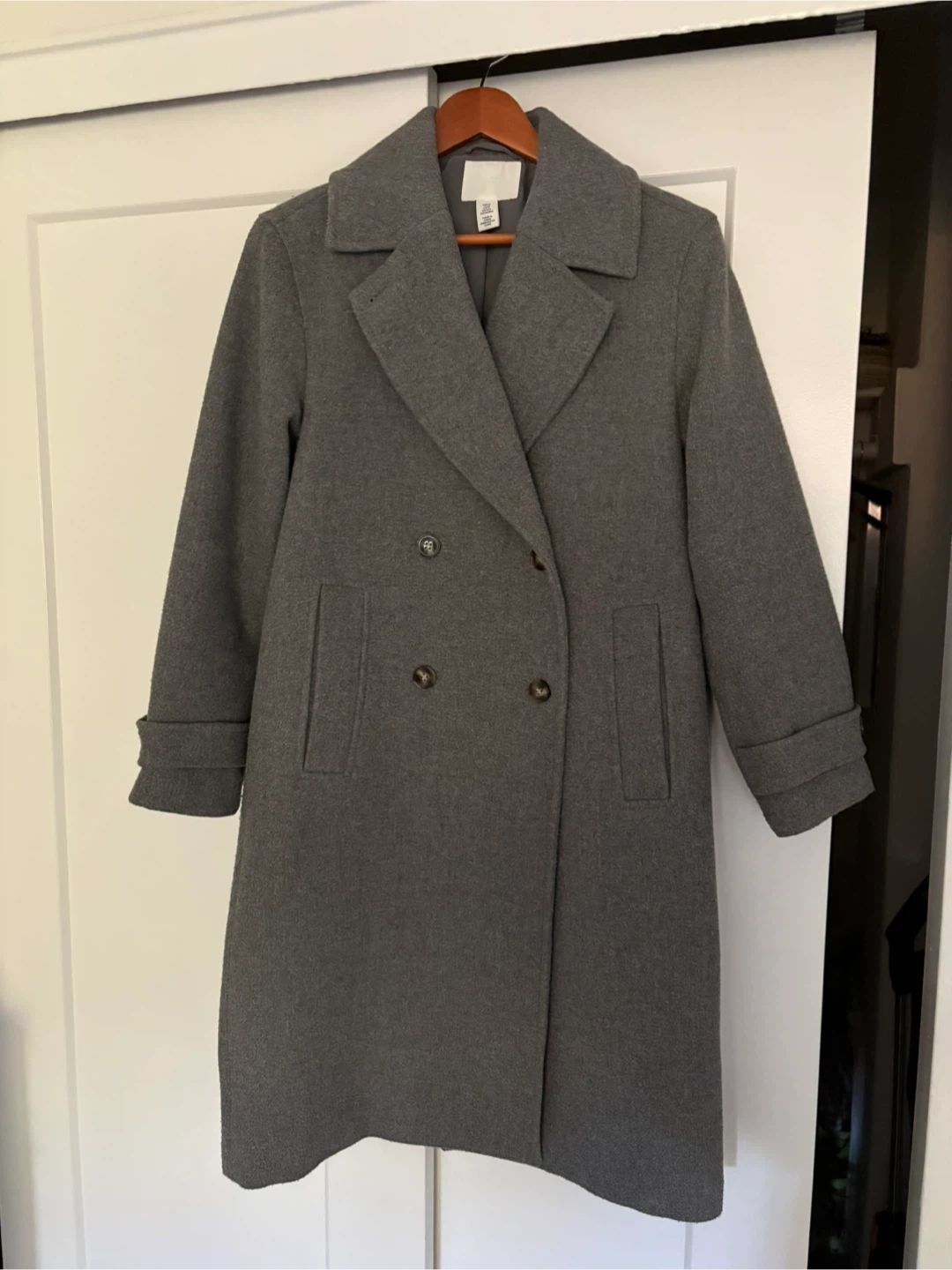H&M Grey Double-Breasted Wool-Blend Coat