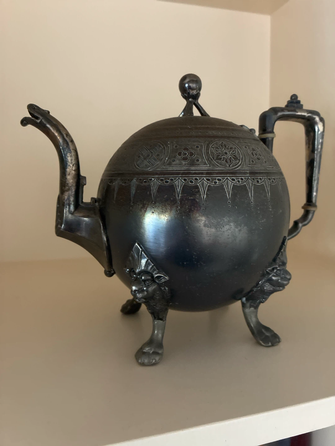 Vintage Metal Teapot with Lion Feet