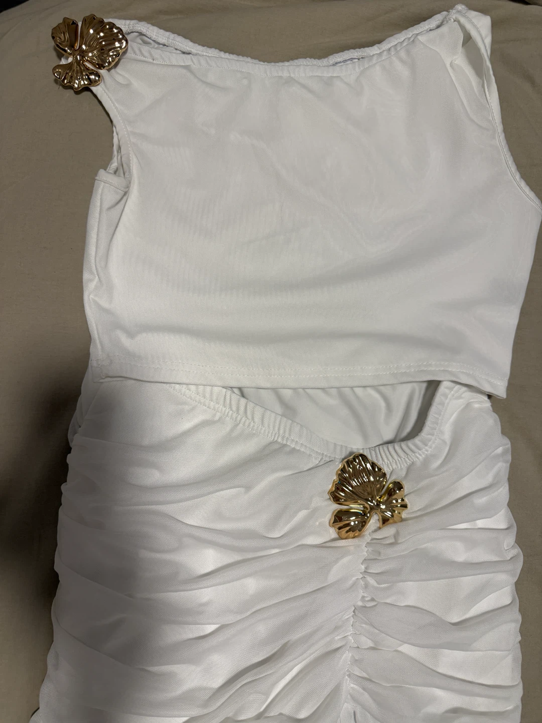 White Ruched Dress with Gold Flower Accents