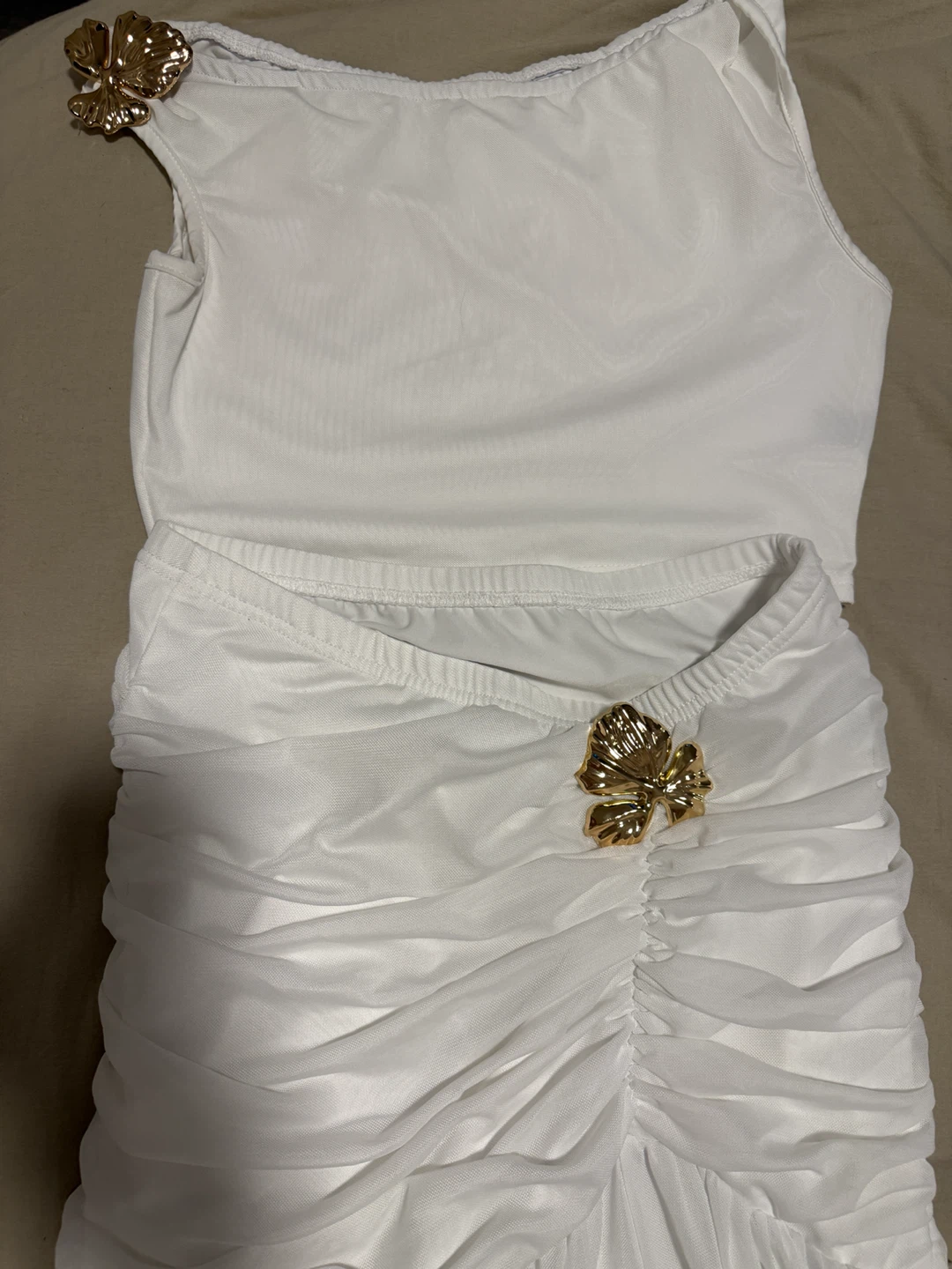 White Ruched Dress with Gold Flower Accents - photo 2