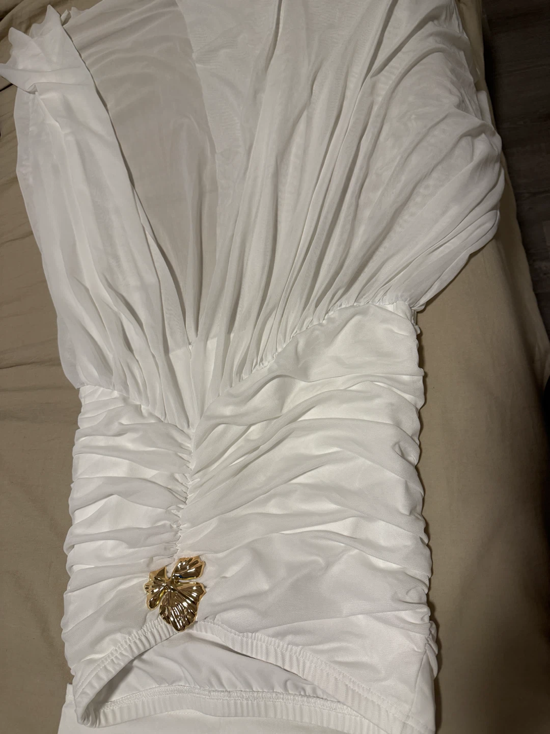 White Ruched Dress with Gold Flower Accents - photo 3