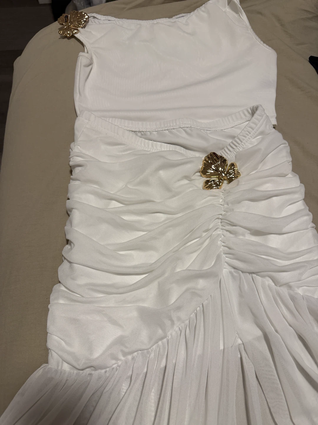 White Ruched Dress with Gold Flower Accents - photo 4