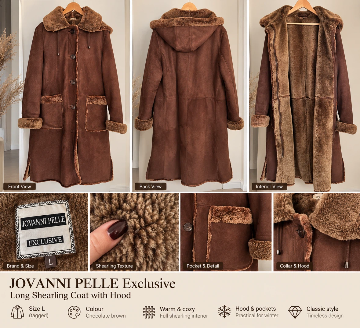 Long Brown Shearling Coat with Hood