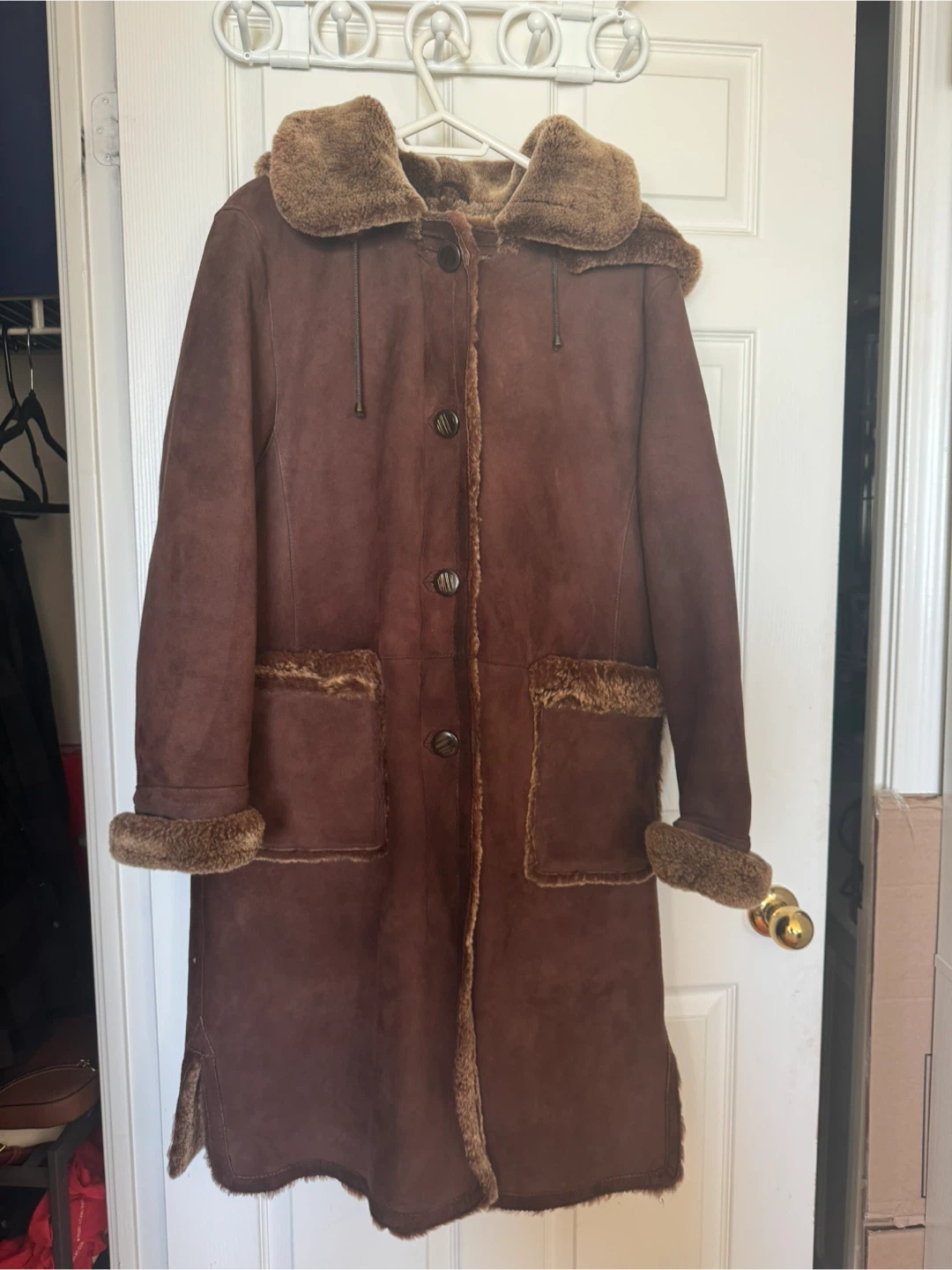 Long Brown Shearling Coat with Hood - photo 2