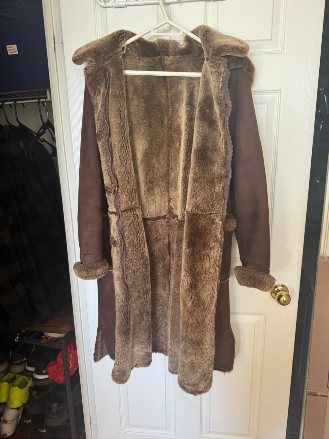 Long Brown Shearling Coat with Hood - photo 4