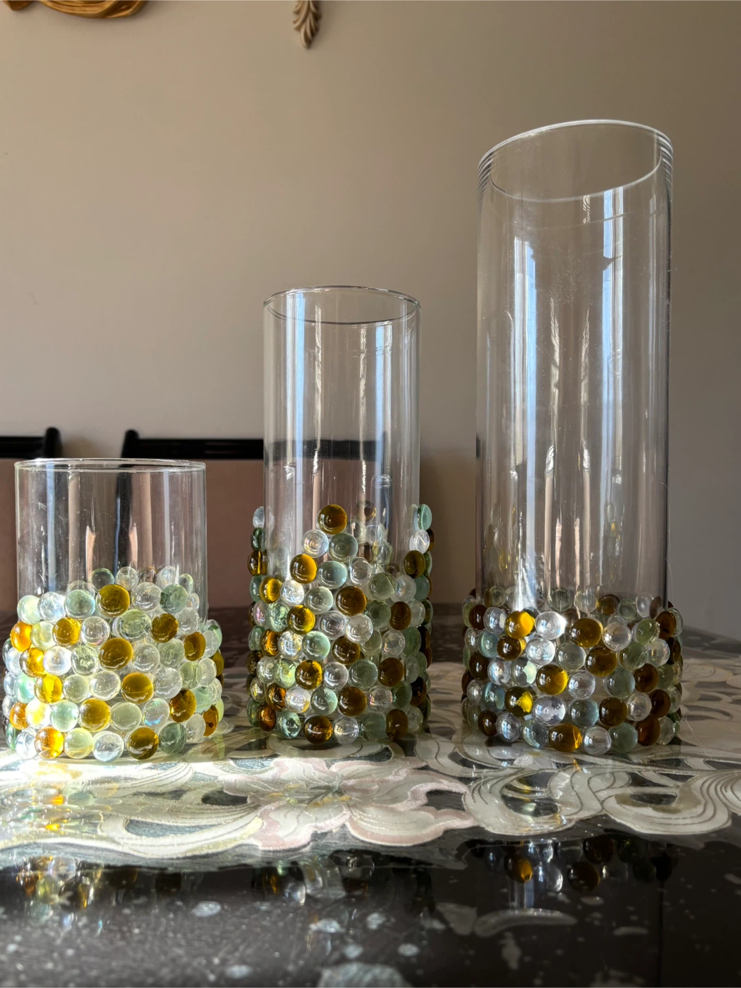 Set of 3 Glass Cylinder Vases with Pebble Accents