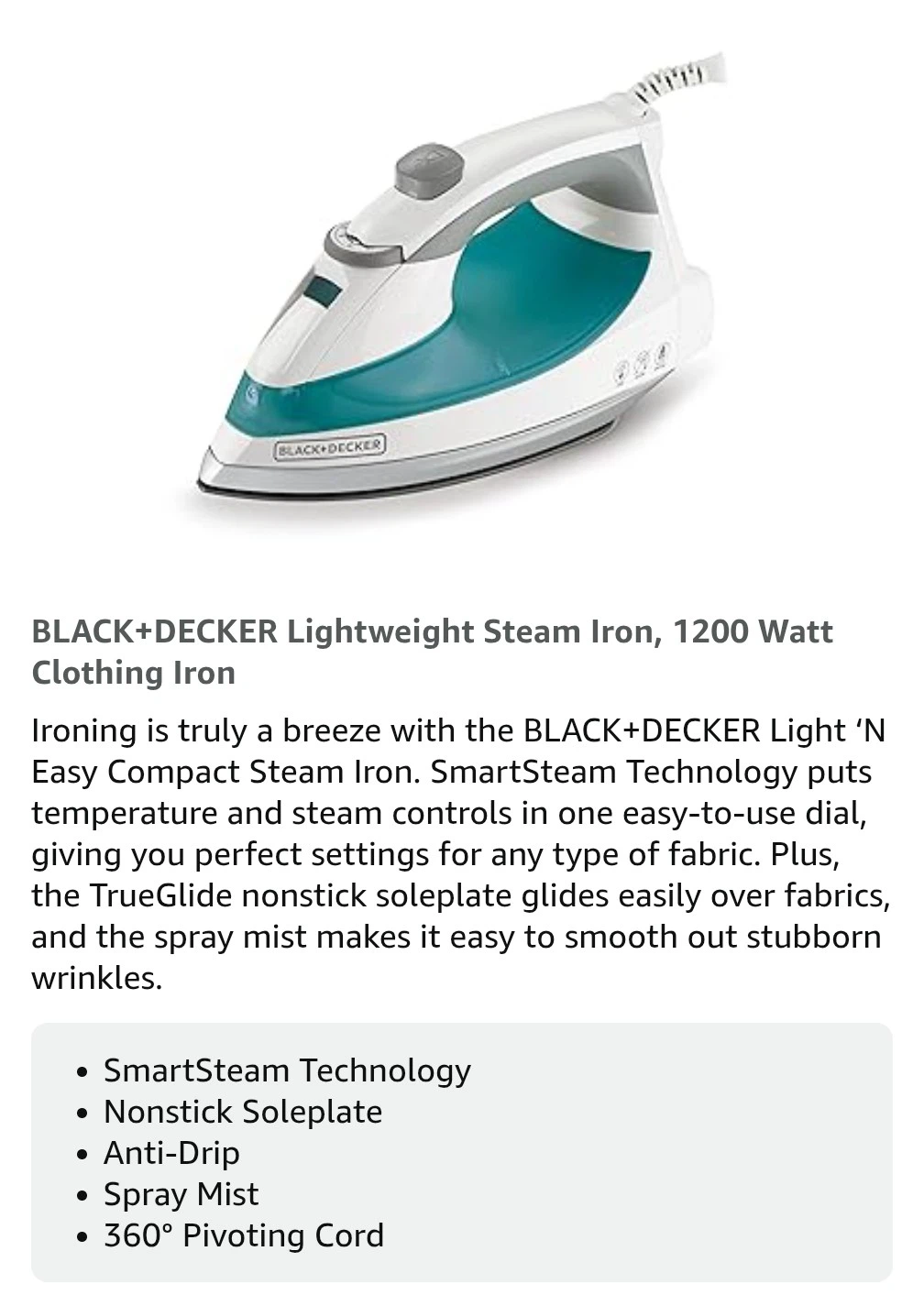 BLACK+DECKER Light 'N Easy Compact Steam Iron
