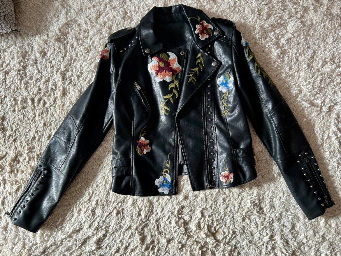 Faux Leather Embroidered Motorcycle Jacket — Size Small