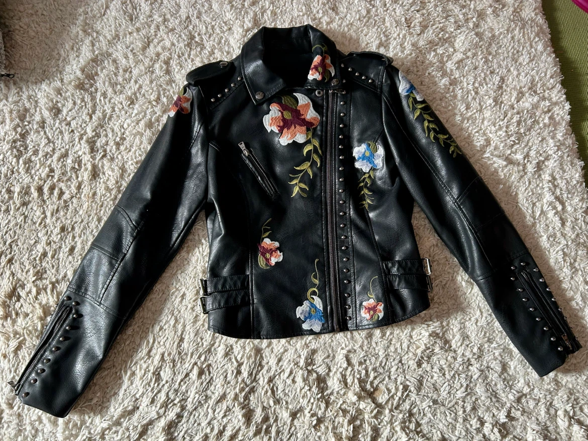 Faux Leather Embroidered Motorcycle Jacket — Size Small - photo 2