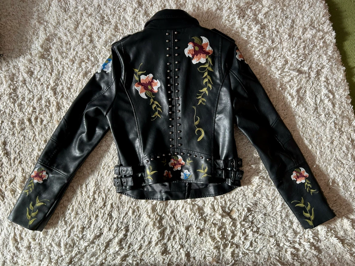 Faux Leather Embroidered Motorcycle Jacket — Size Small - photo 3