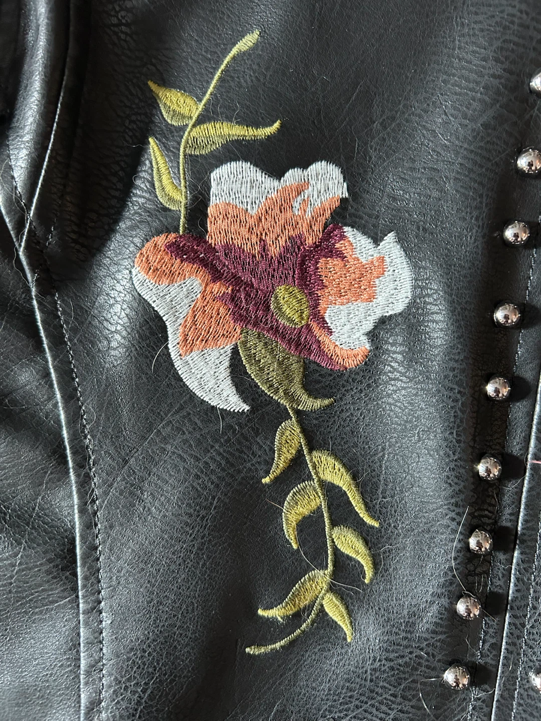Faux Leather Embroidered Motorcycle Jacket — Size Small - photo 4