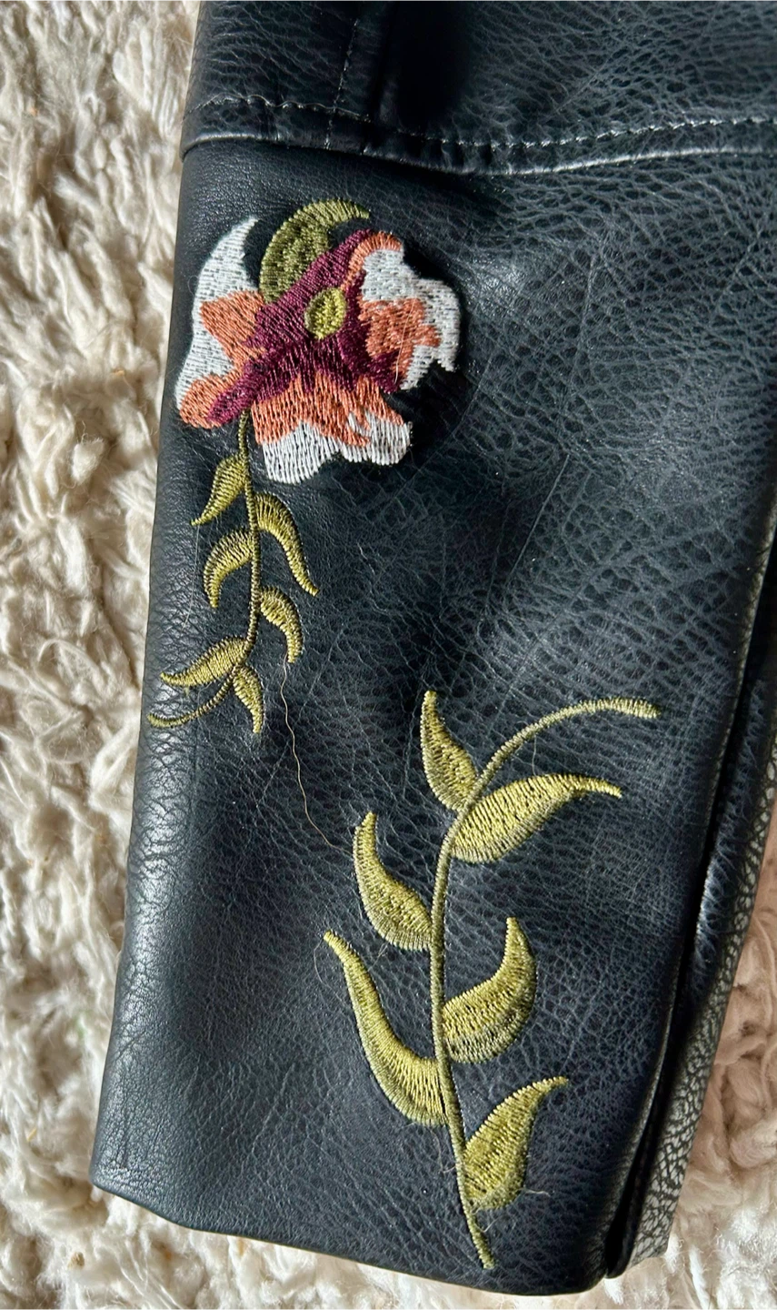 Faux Leather Embroidered Motorcycle Jacket — Size Small - photo 5