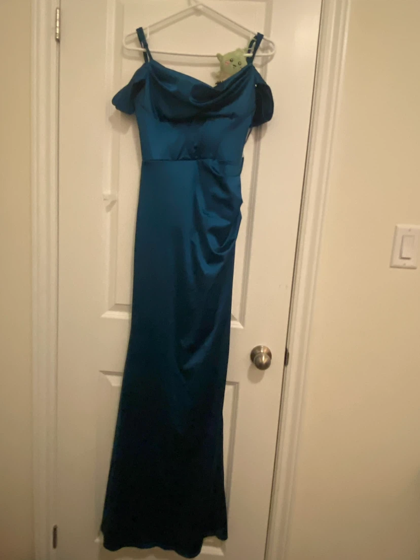 Teal Satin Off-Shoulder Evening Gown