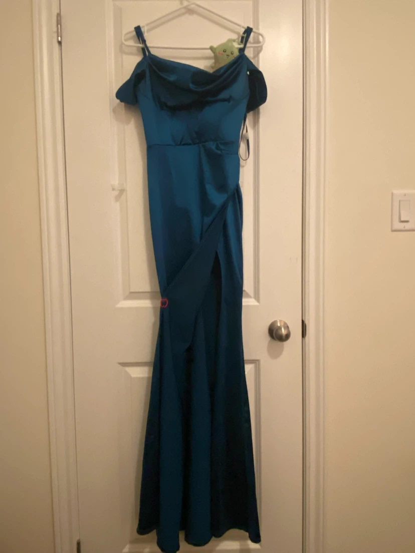 Teal Satin Off-Shoulder Evening Gown - photo 2