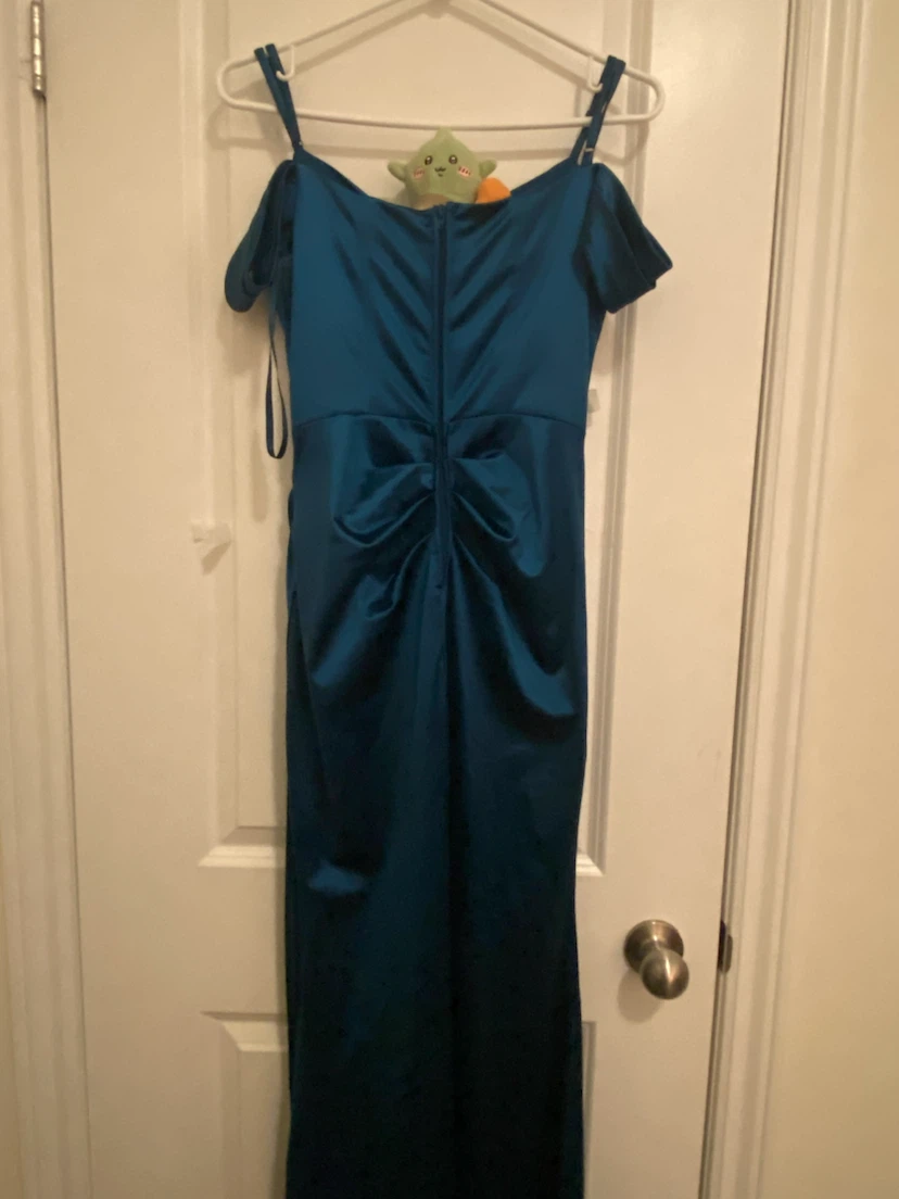 Teal Satin Off-Shoulder Evening Gown - photo 3