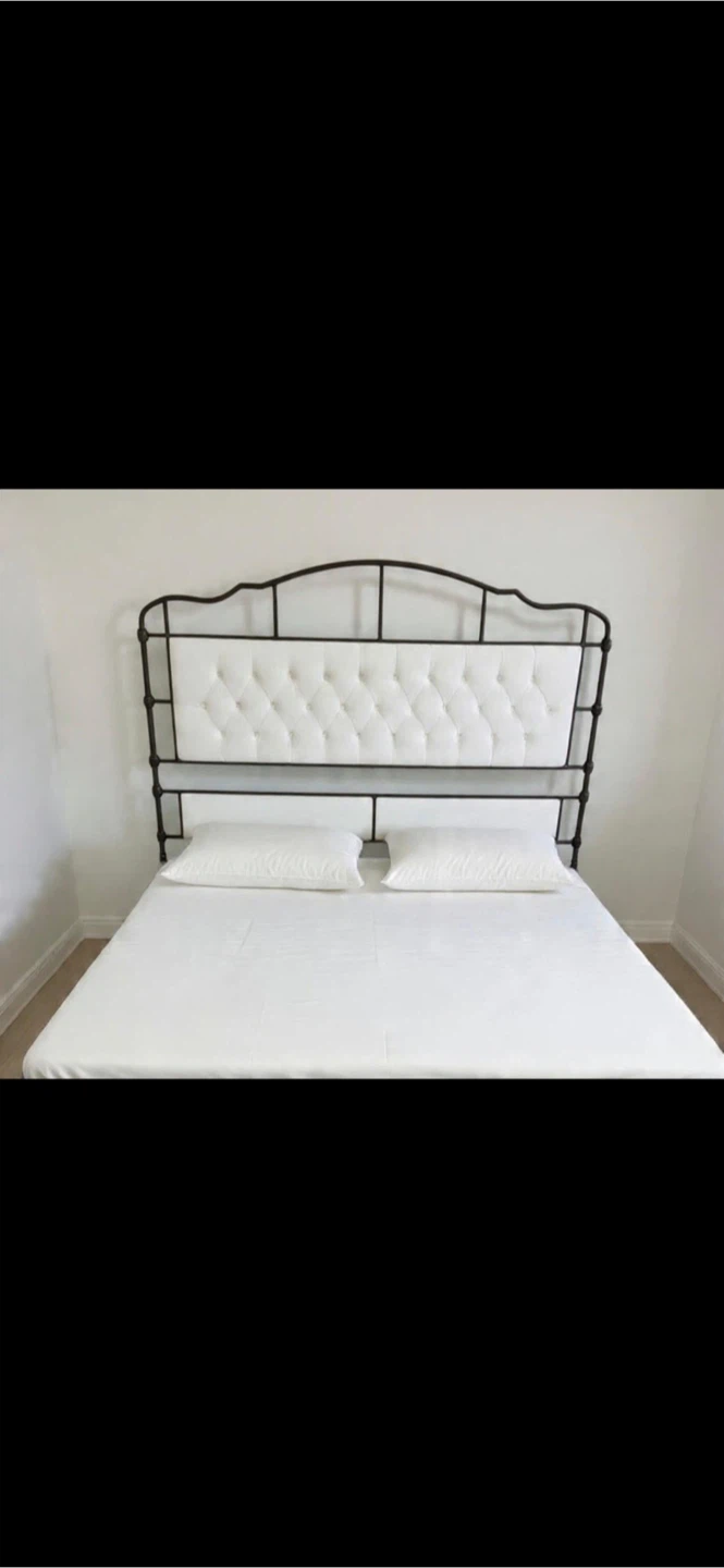 Black Metal Bed Frame with White Tufted Headboard