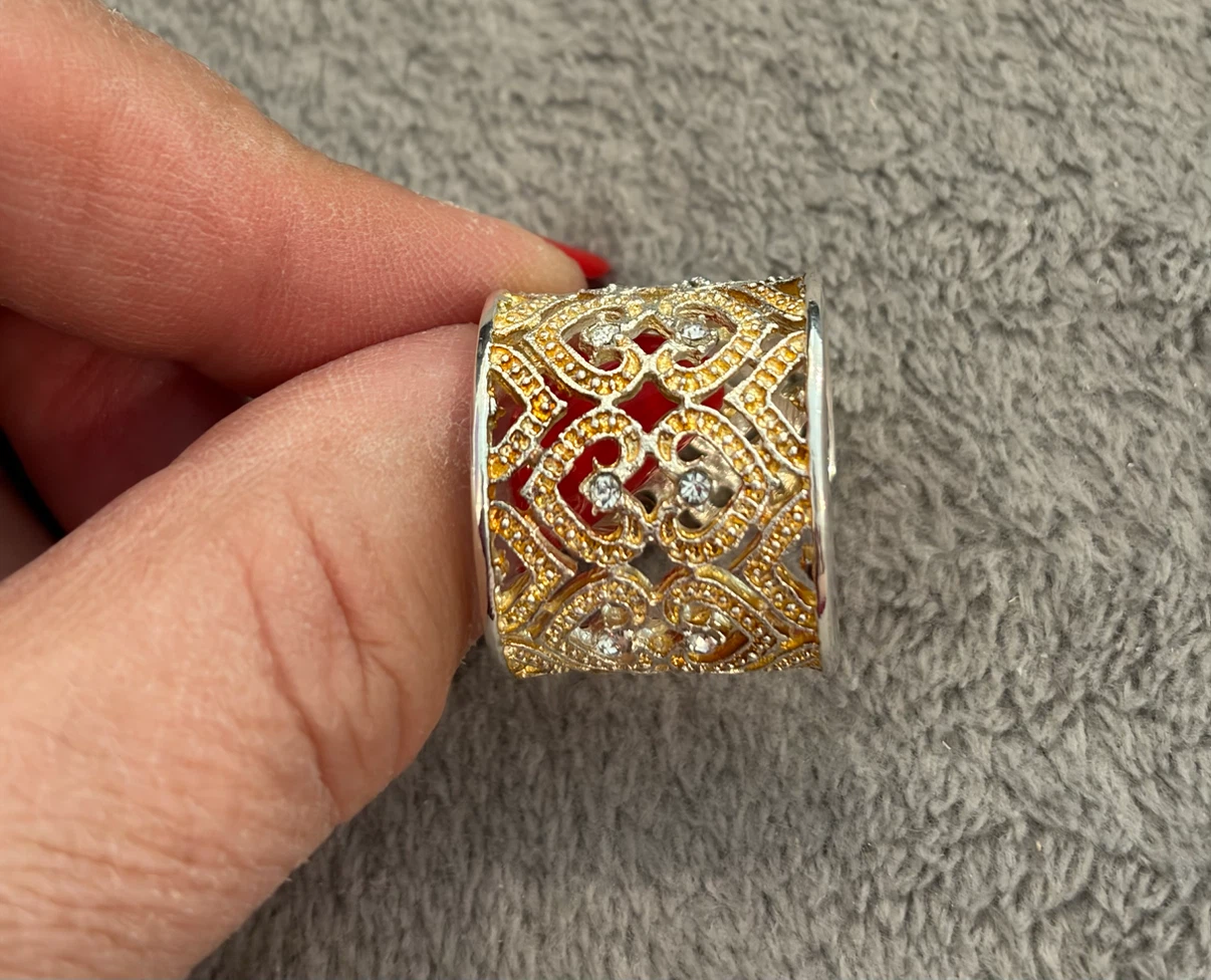 Sterling Silver Two-Tone Filigree Wide Band Ring