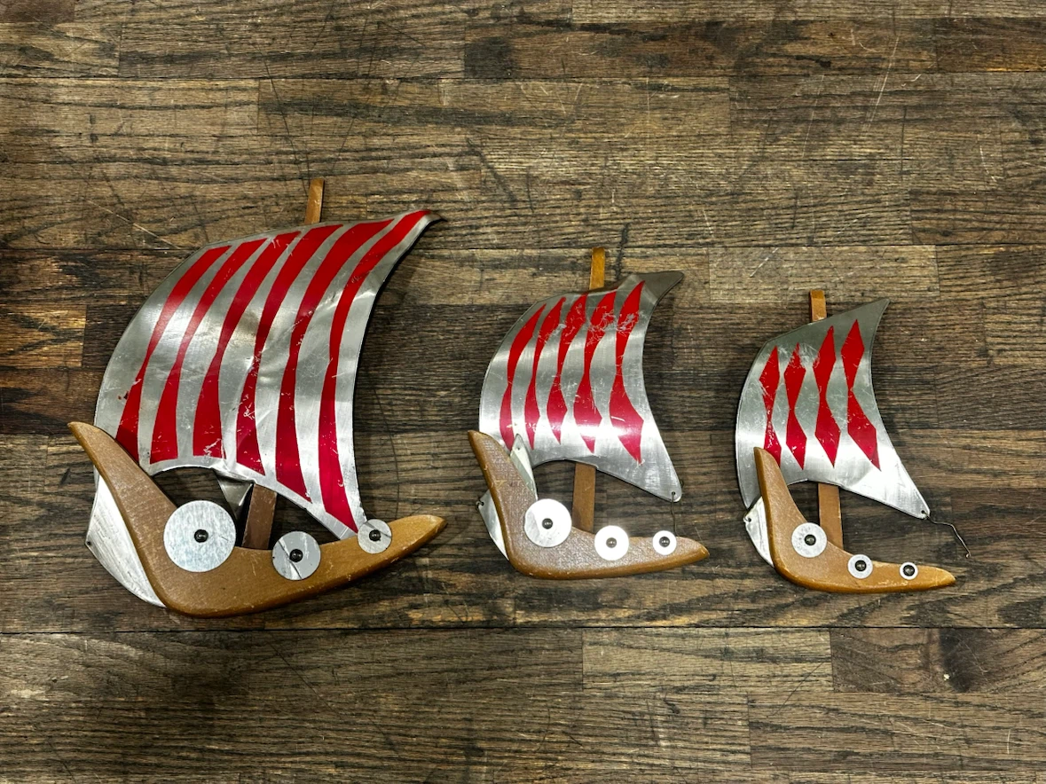 Vintage Mid Century Metal Viking Ship 3-Piece Wall Art