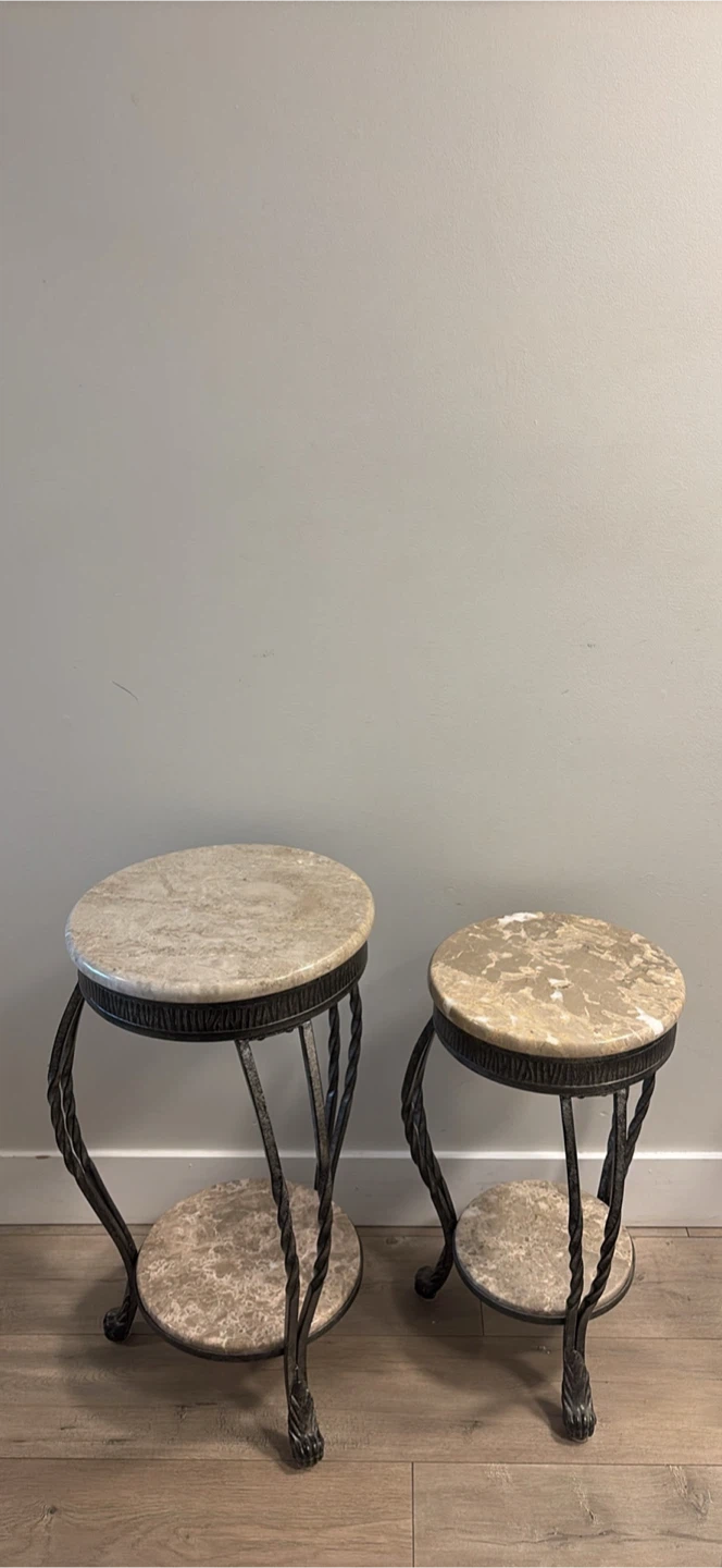 Set of Two Marble and Metal Side Tables