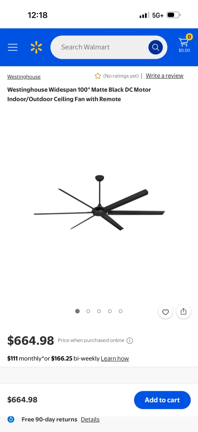 Westinghouse Widespan 100" Matte Black Ceiling Fan