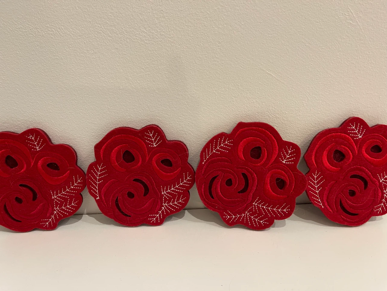 Set of Christmas 4 Red Rose Felt Coasters