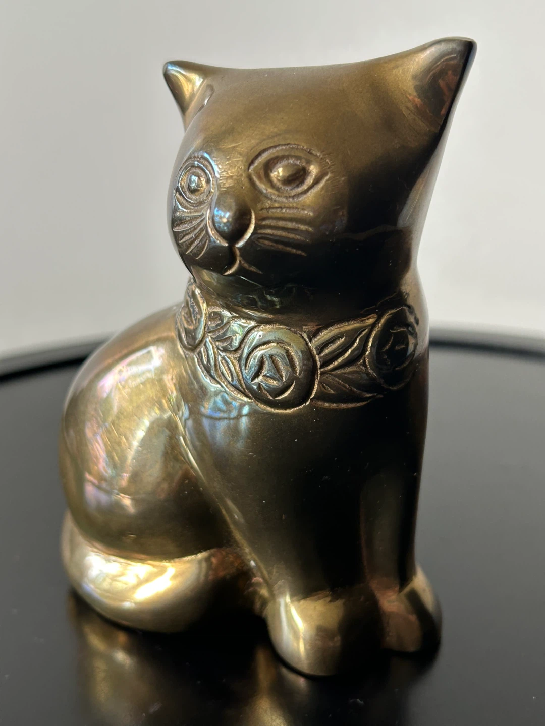 Vintage Solid Brass Sitting Cat Figurine – Etched Floral Collar