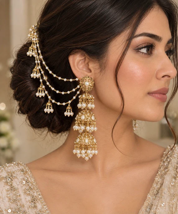 Gold-tone Pearl Jhumka Earrings with Hair Chain new