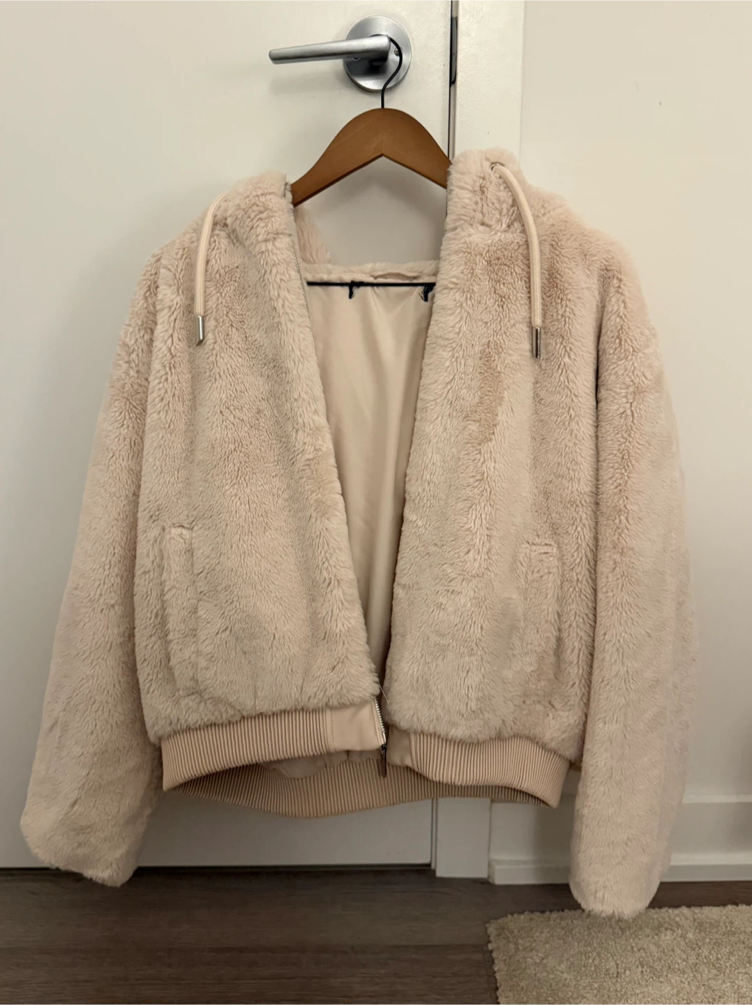 Zara Cream Faux Fur Zip-Up Hoodie