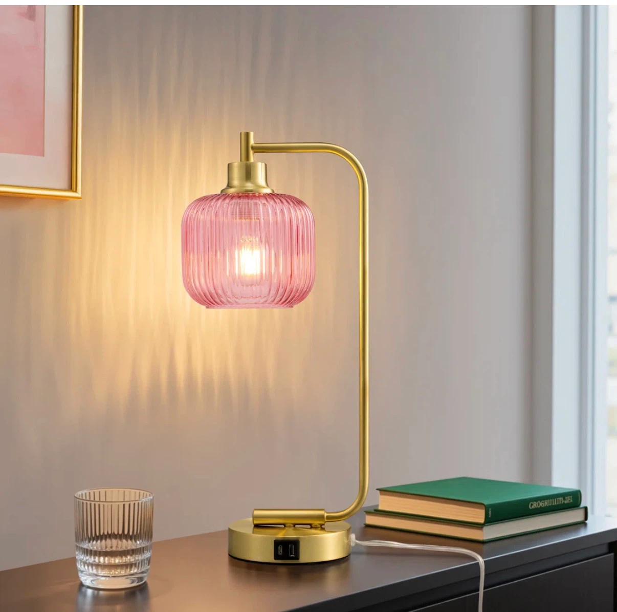 Pink Ribbed Glass Table Lamp with touch control