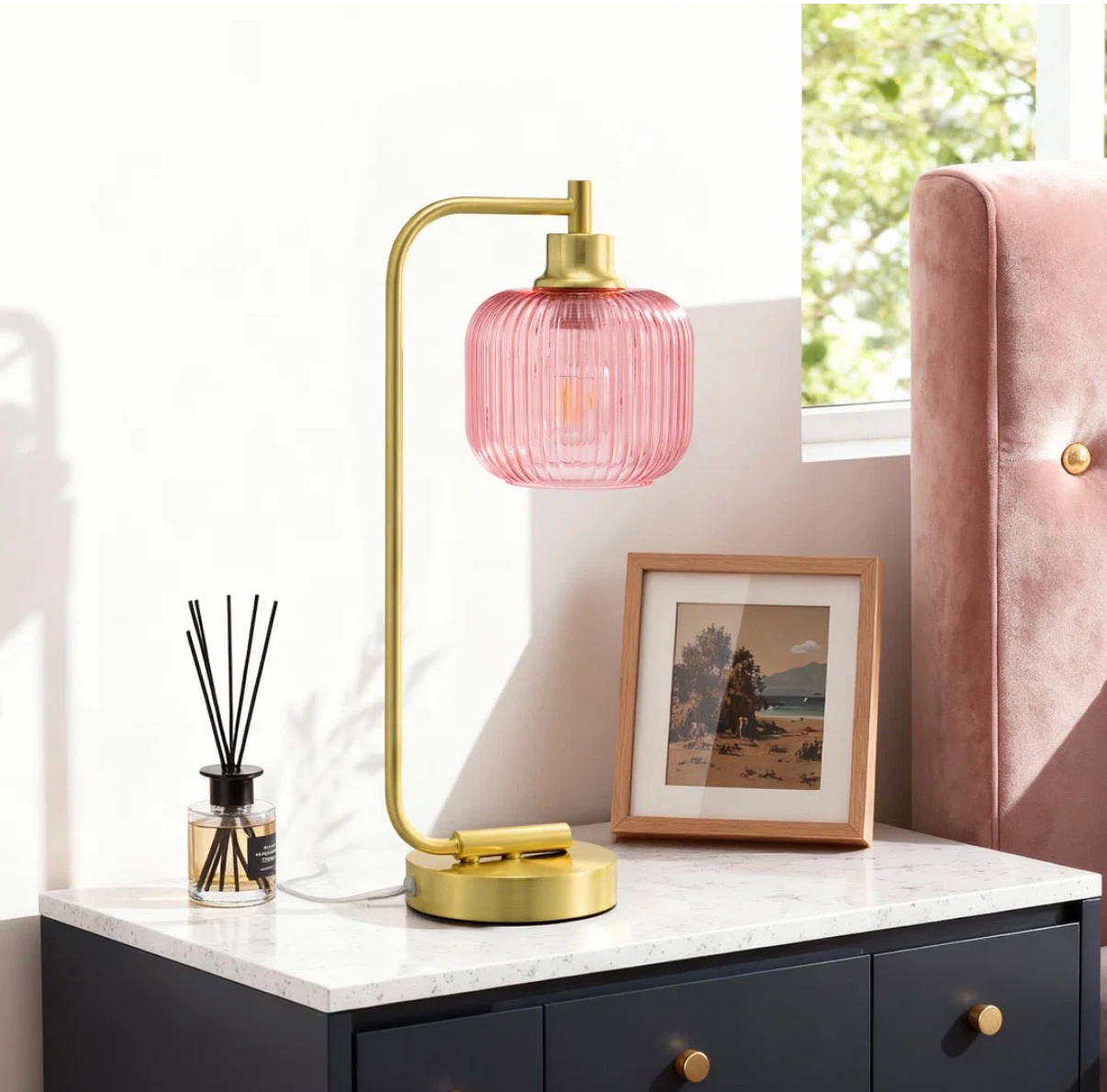 Pink Ribbed Glass Table Lamp with touch control - photo 2