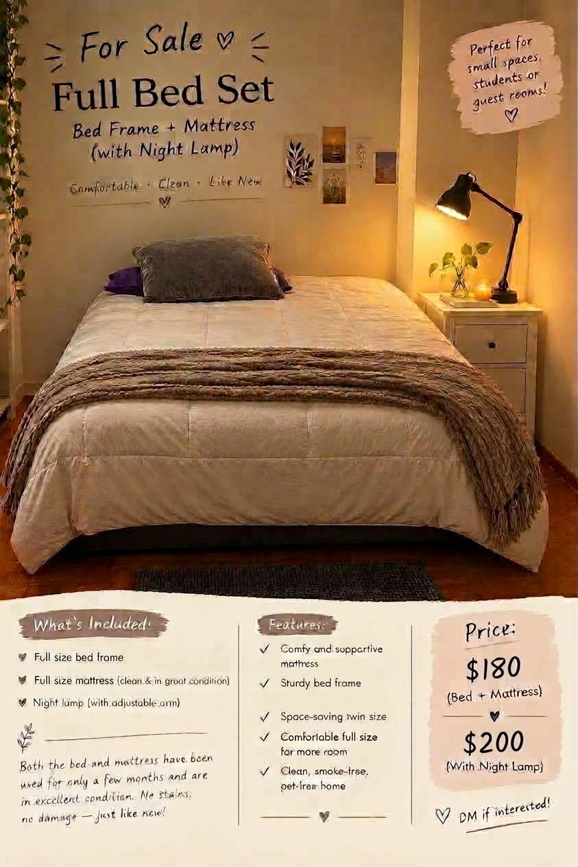 Full Size Bed Frame and Mattress with Night Lamp