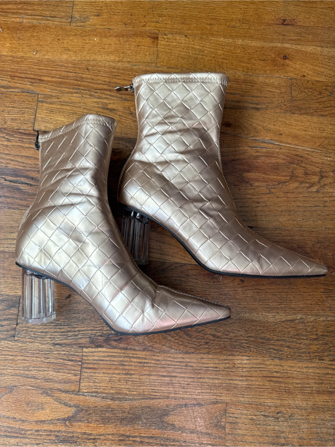 Size 9 Gold Woven Ankle Boots with Clear Heels