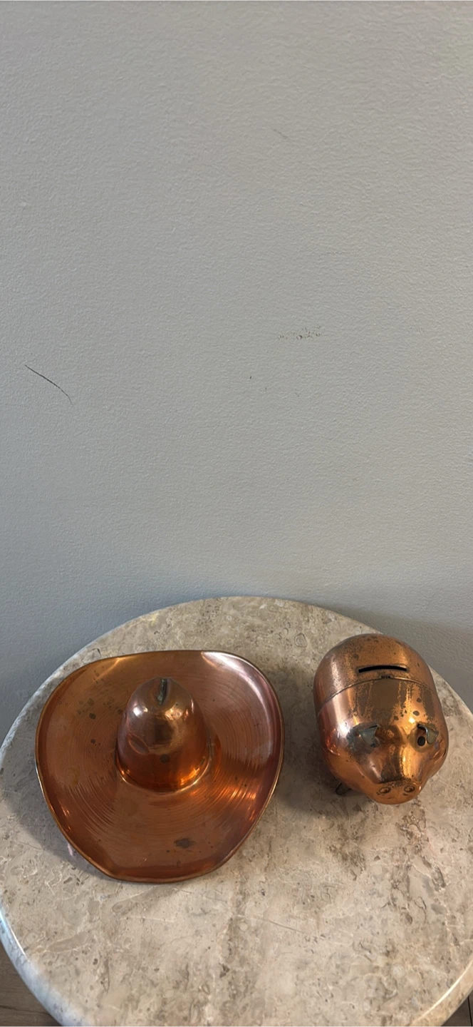 Vintage Copper Piggy Bank and Cowboy Hat