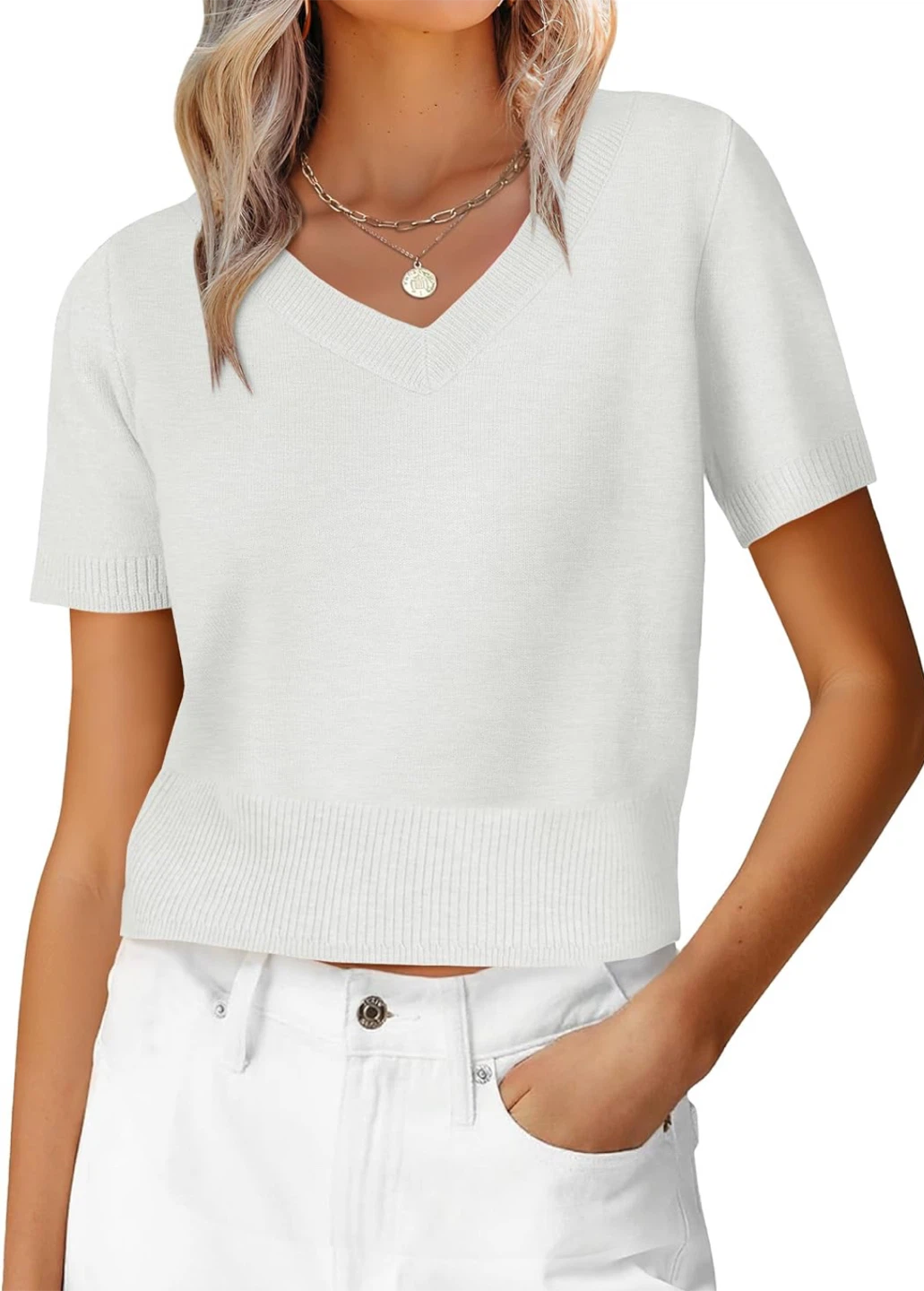 ANRABESS Short Sleeve V-Neck Sweater - White - Size Small