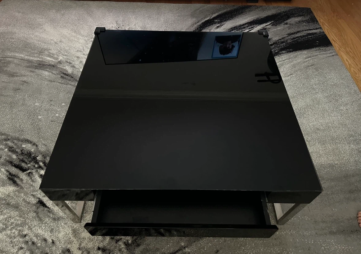 Black Glass Square Coffee Table with Drawer - photo 2