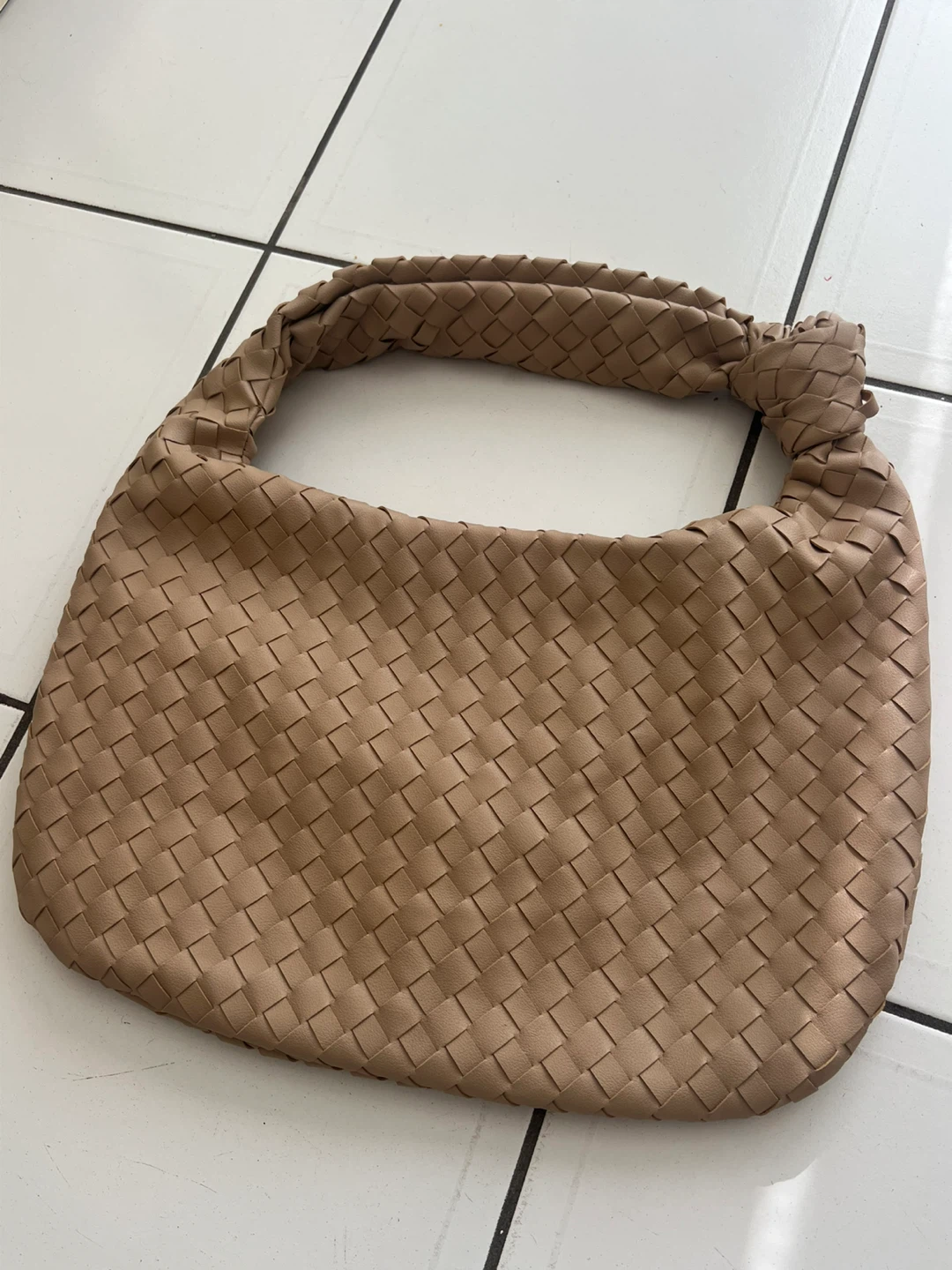 Beige Woven Knot Handle Shoulder Bag