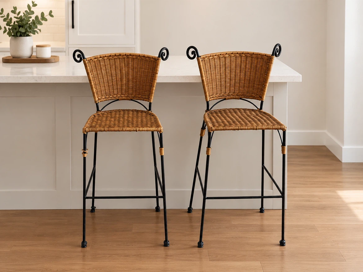 Set of Two Wicker and Metal Bar Stools