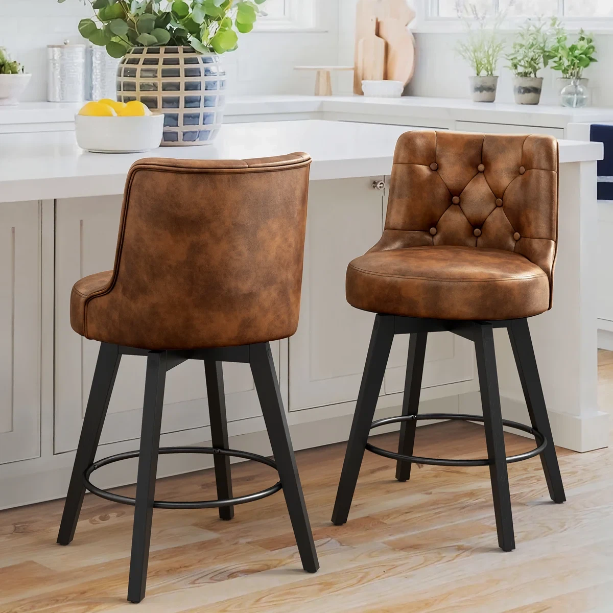 Set of 2 Tufted Swivel Bar Stools