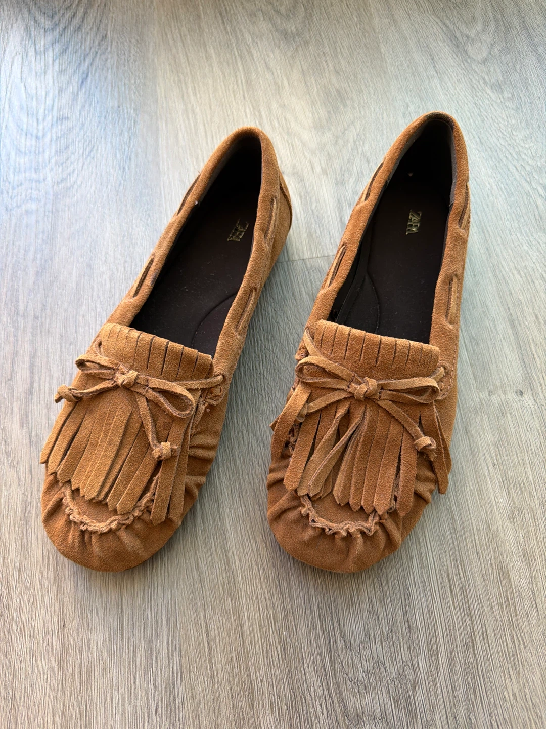 Zara Split Suede Fringe Loafers Tan Size 37
