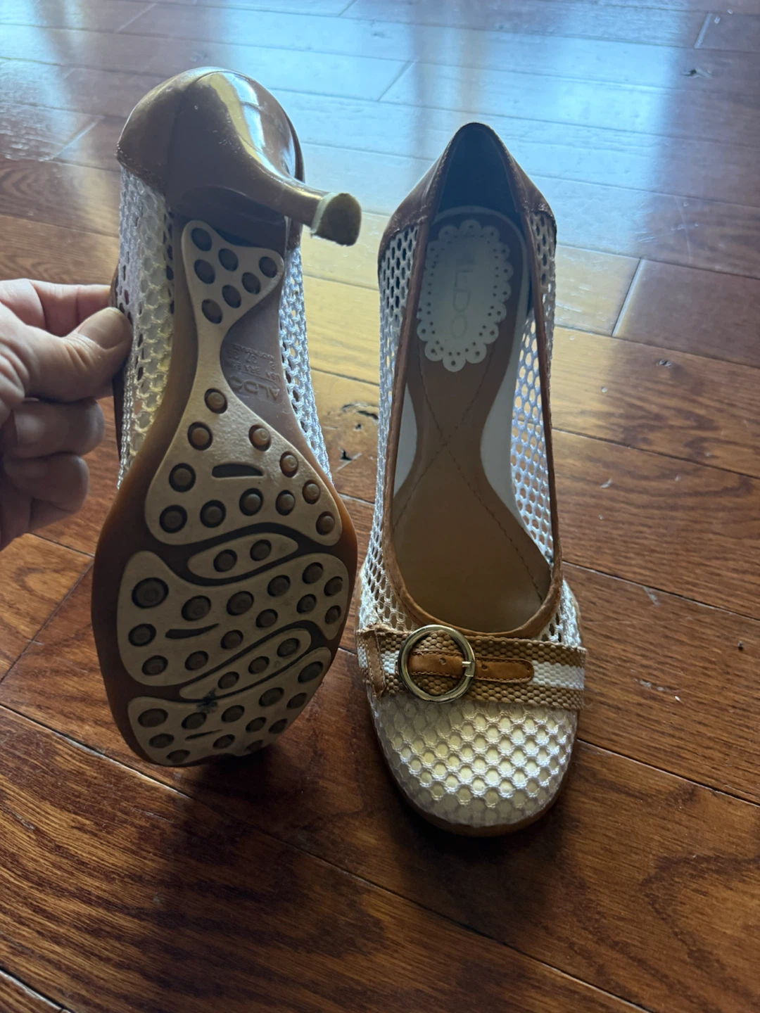 ALDO mesh heels in tan and white